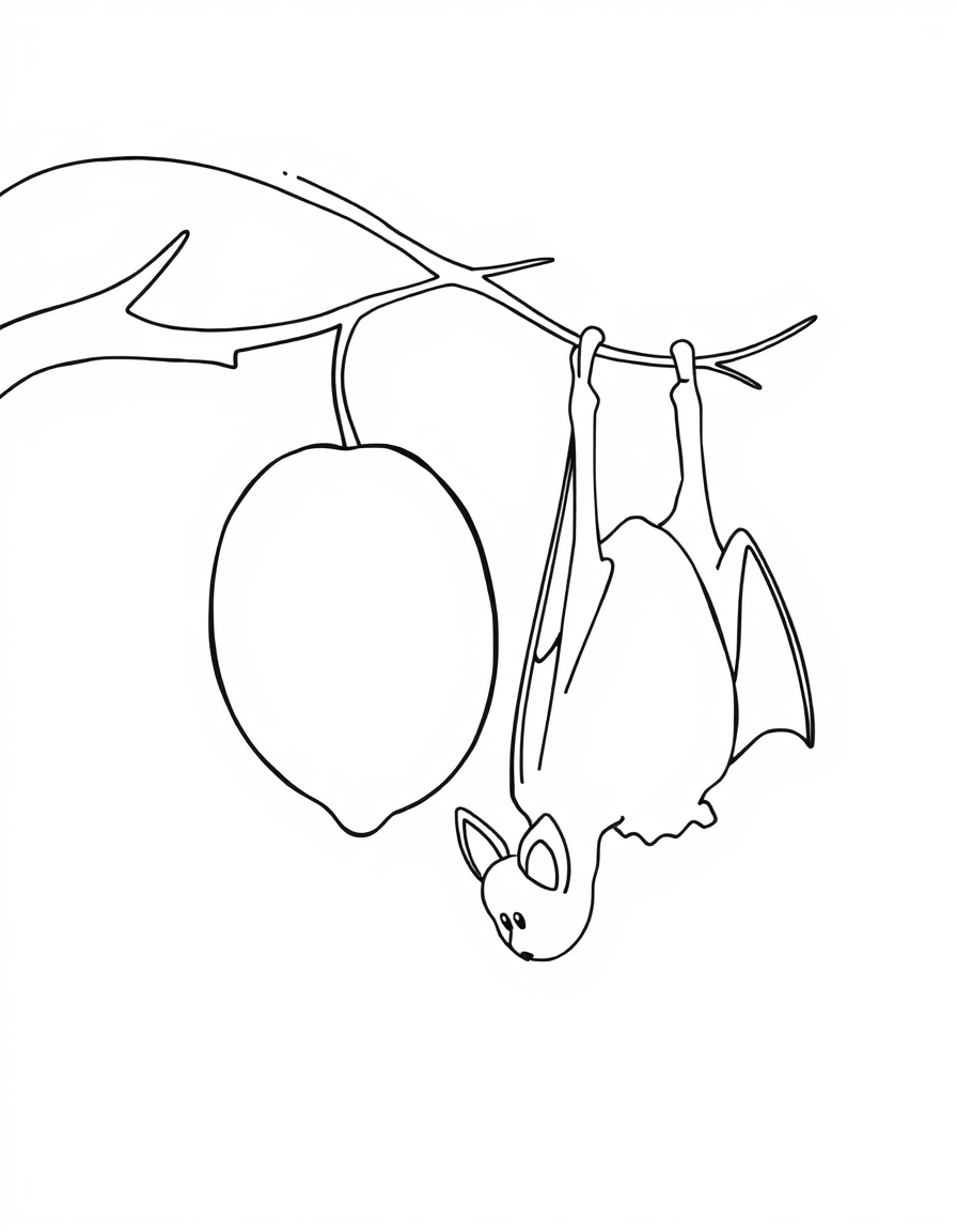 Fruit Bat Hanging Beside a Ripe Mango black and white line art