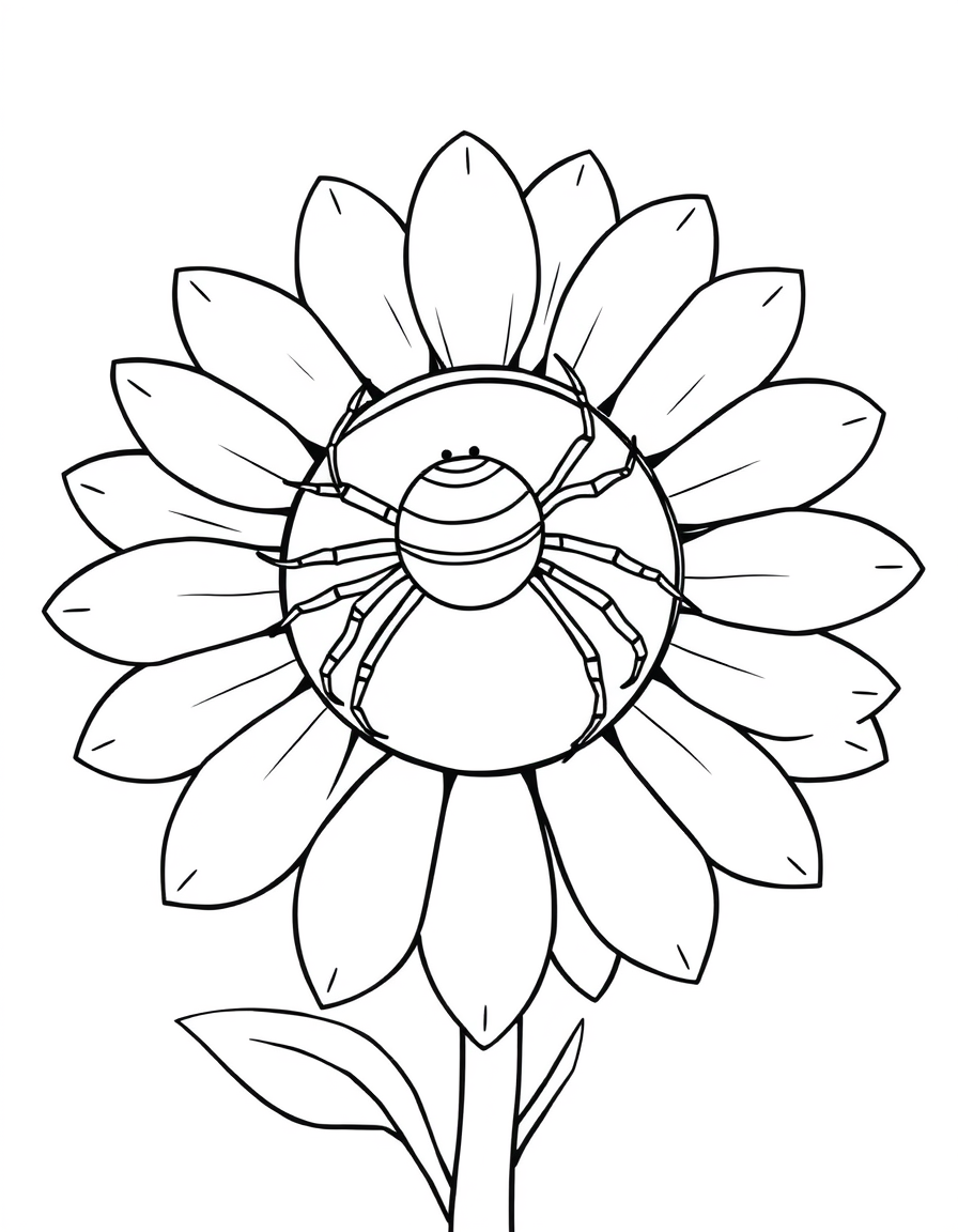 Garden Spider Resting on a Sunflower black and white line art