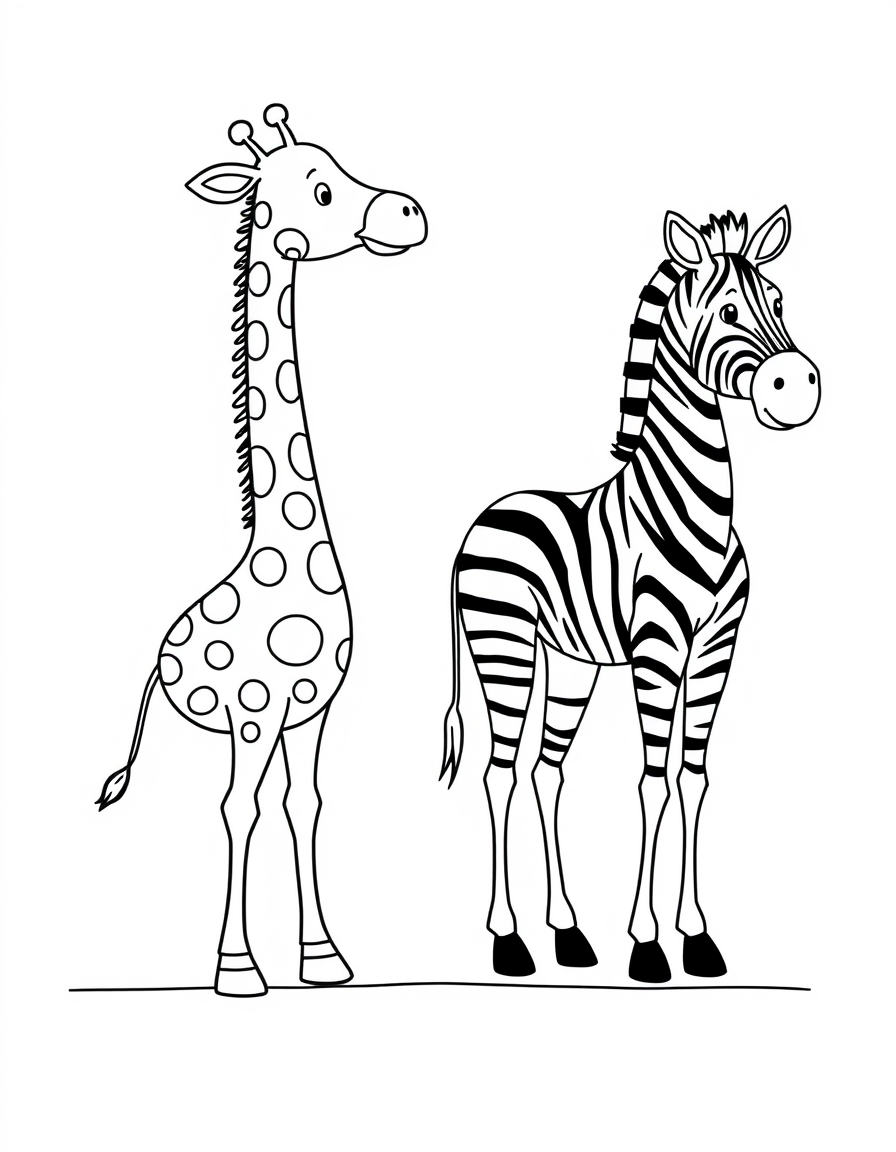 Coloring page of a giraffe standing beside a zebra on the savanna