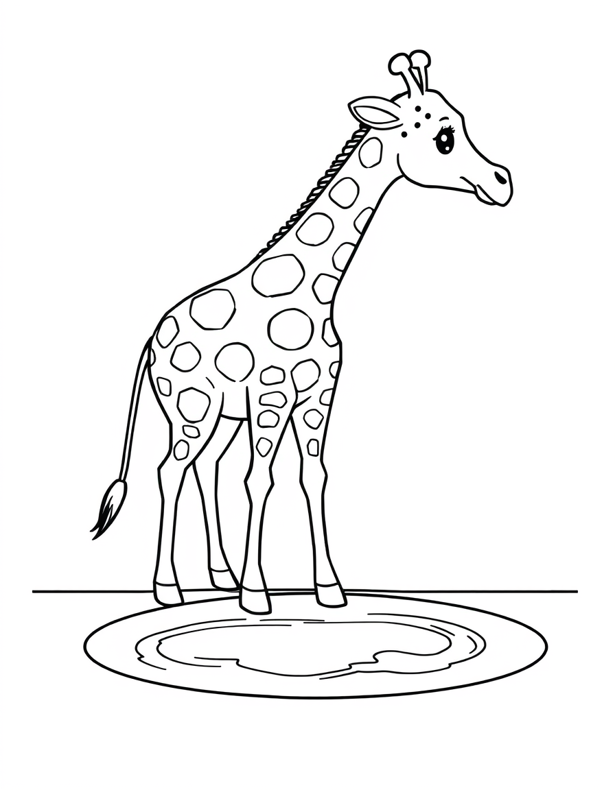 Coloring page of a cartoon giraffe standing at the edge of a watering hole