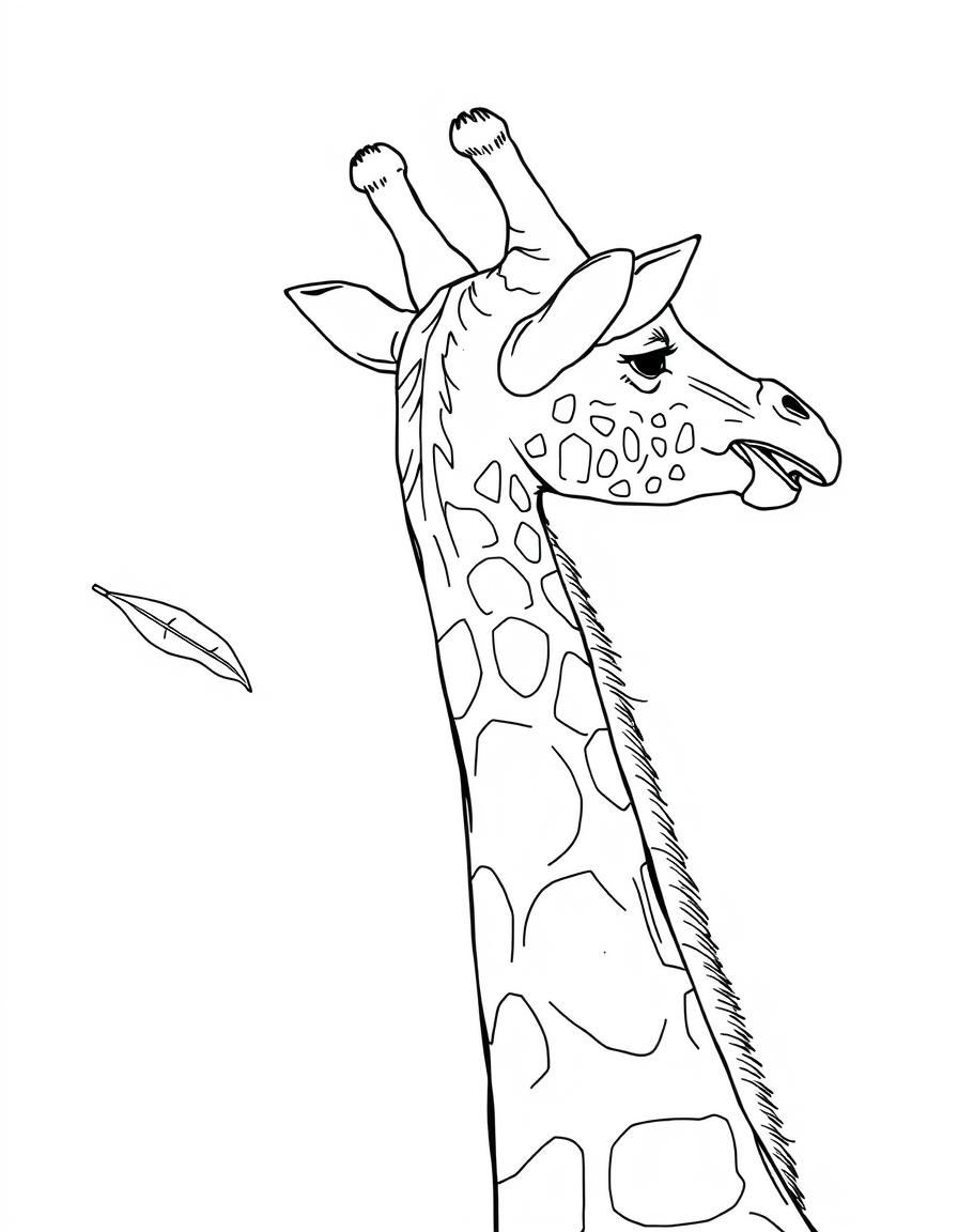 Detailed coloring page of a giraffe head and neck portrait seen from the side