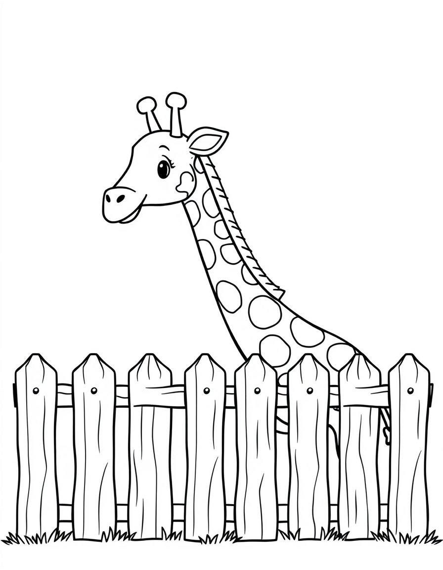 Coloring page of a giraffe leaning its head and neck over a wooden zoo fence