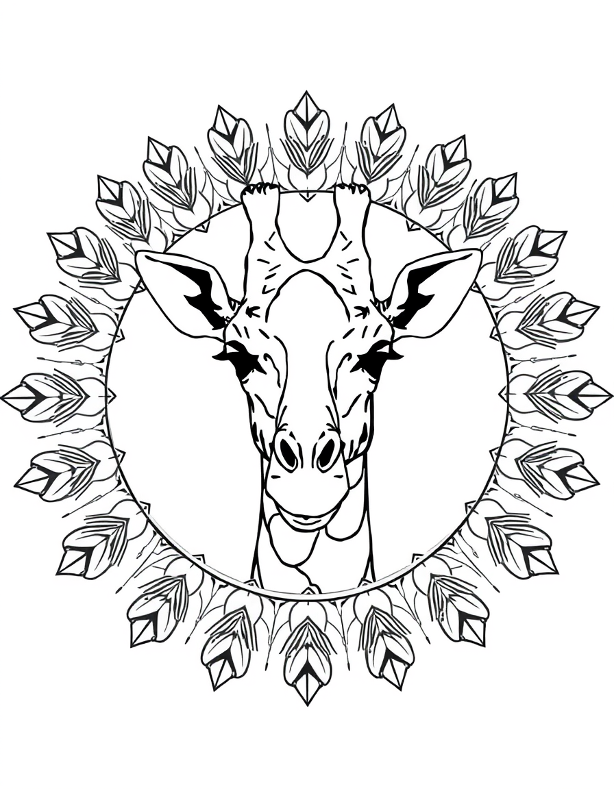 Detailed giraffe mandala coloring page with rings of acacia leaves and coat patches