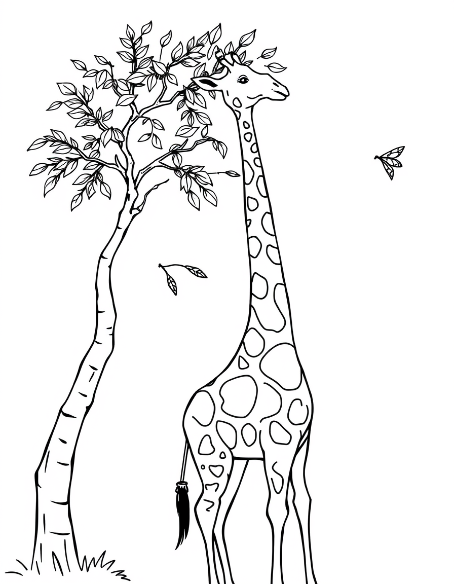 Giraffe Reaching for Leaves at the Top of a Tree black and white line art