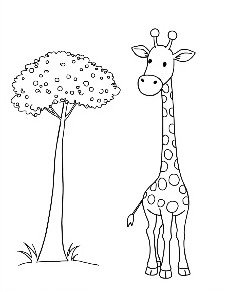 Coloring page of a tall giraffe standing beside a leafy tree