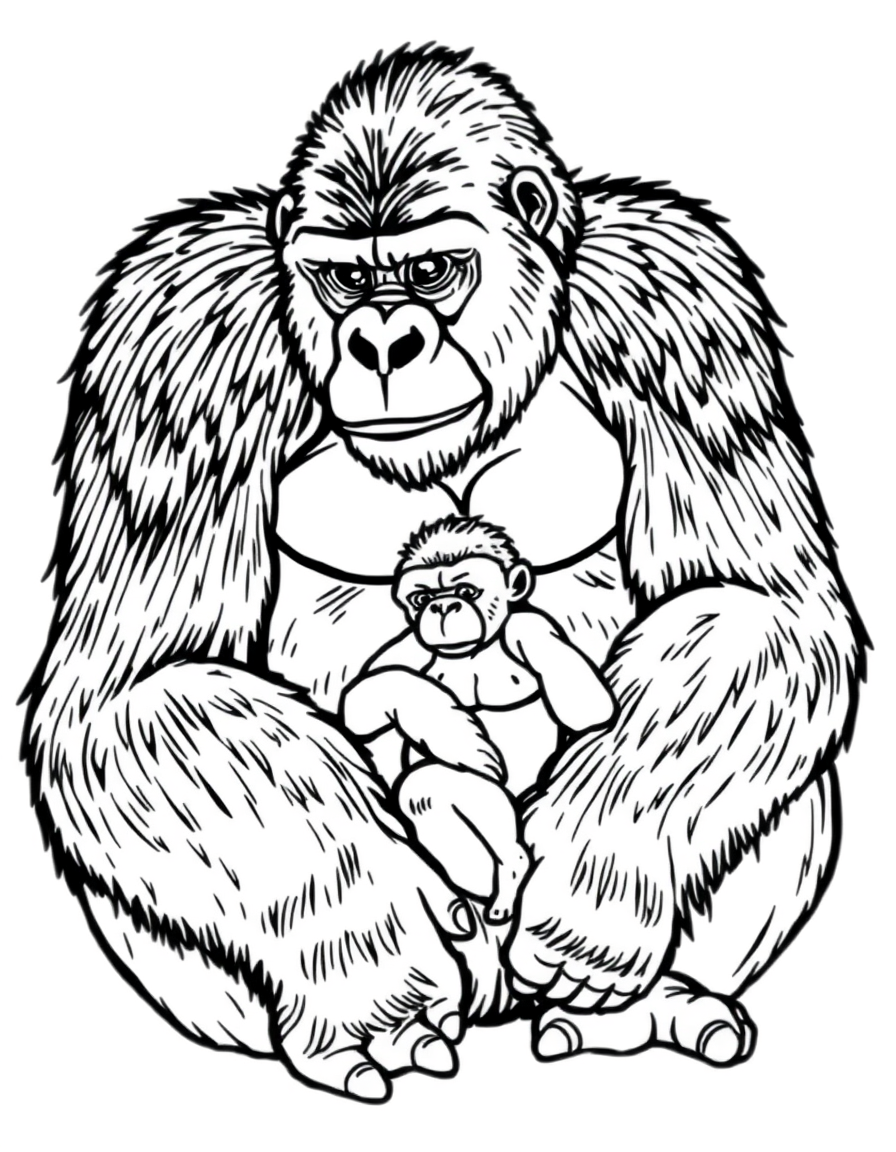 Gorilla Sitting With Her Baby black and white line art