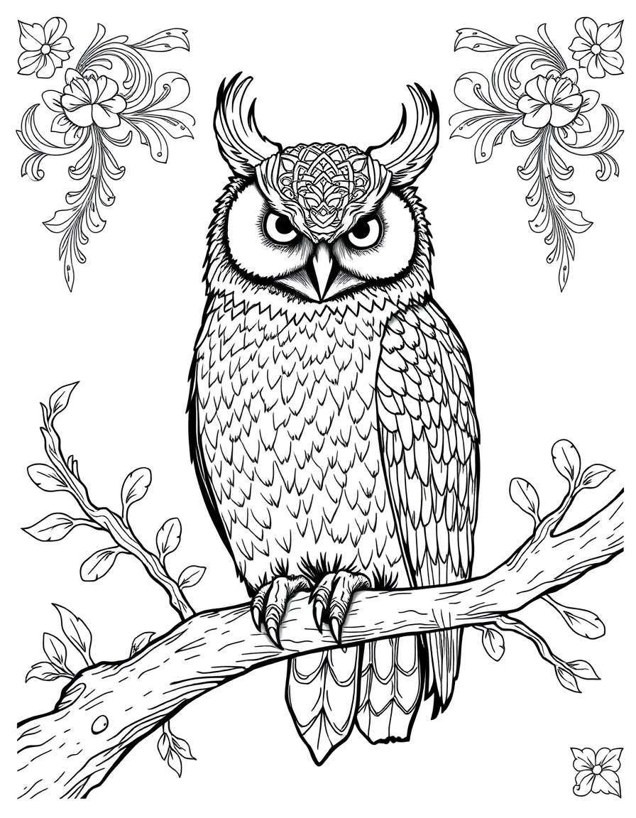 Black and white coloring page of a great horned owl on a tree branch