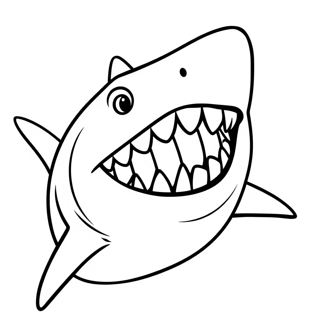 Black and white coloring page of great white shark smiling with rows of teeth