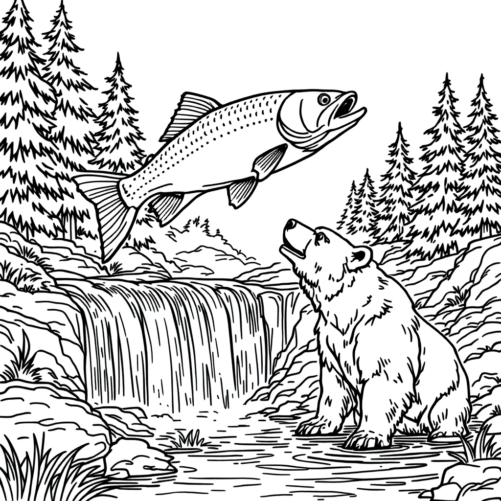 Coloring page of a grizzly bear catching a leaping salmon at the foot of a waterfall