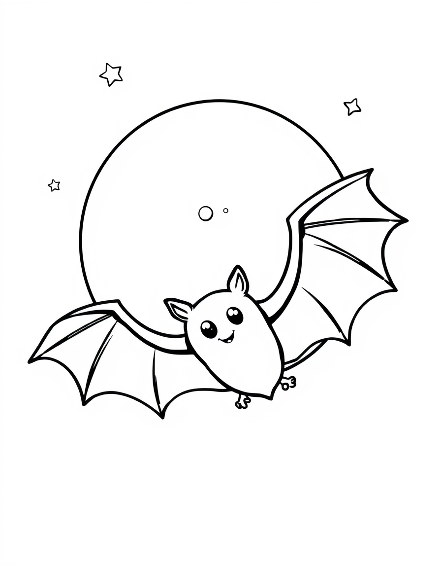 Halloween Bat Flying Past a Full Moon black and white line art
