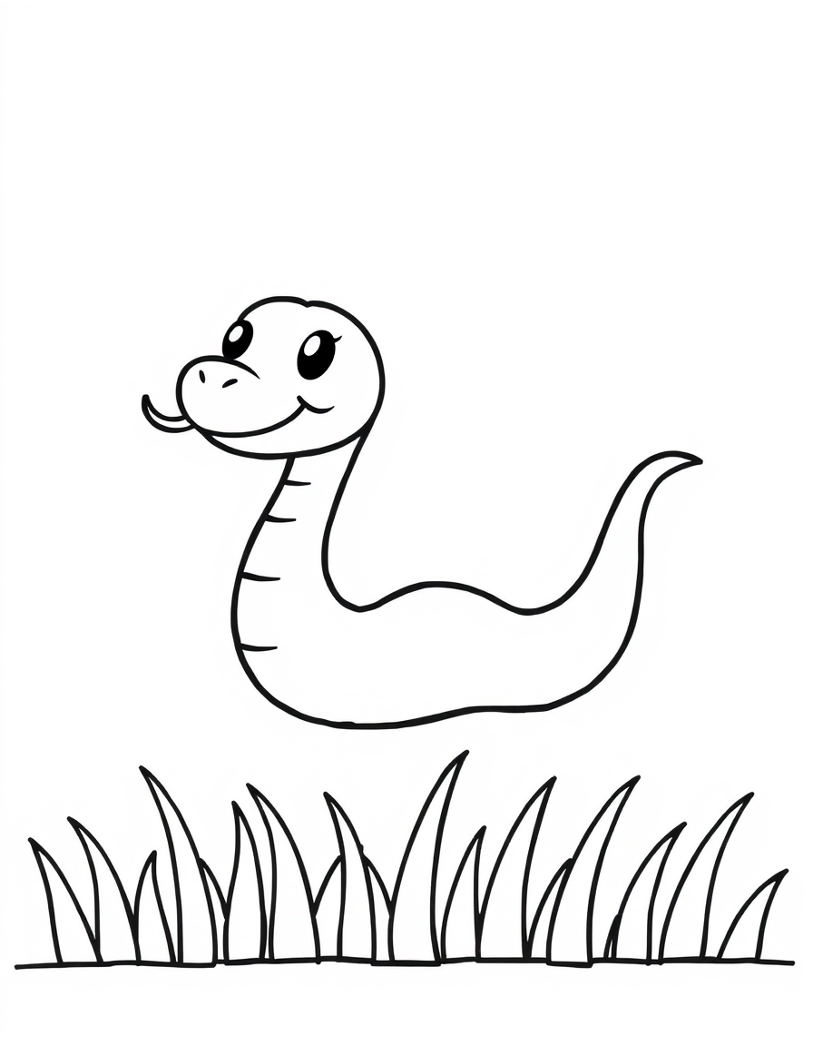 Coloring page of a small cartoon snake sliding through short grass