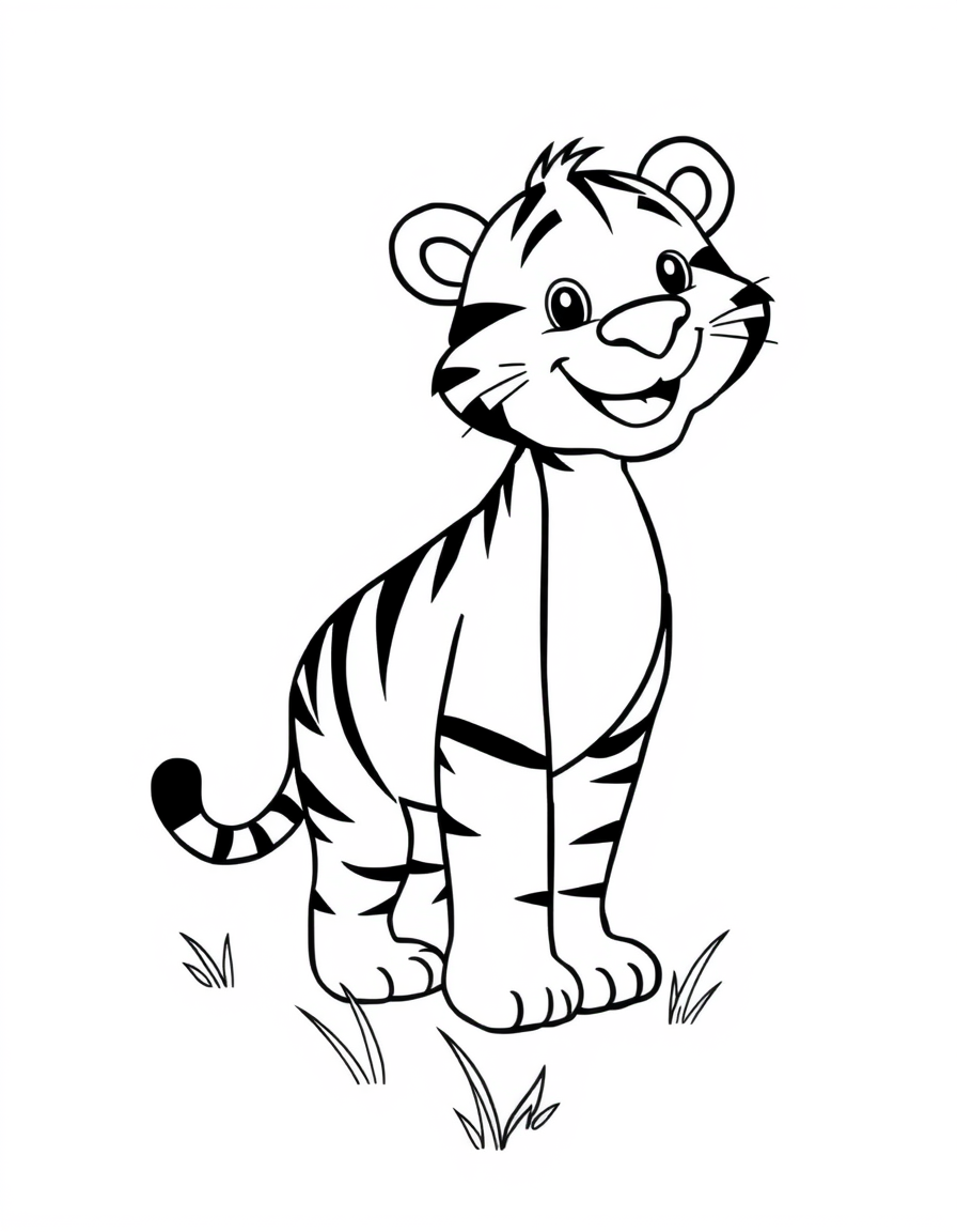 Happy Cartoon Tiger Standing in the Grass black and white line art