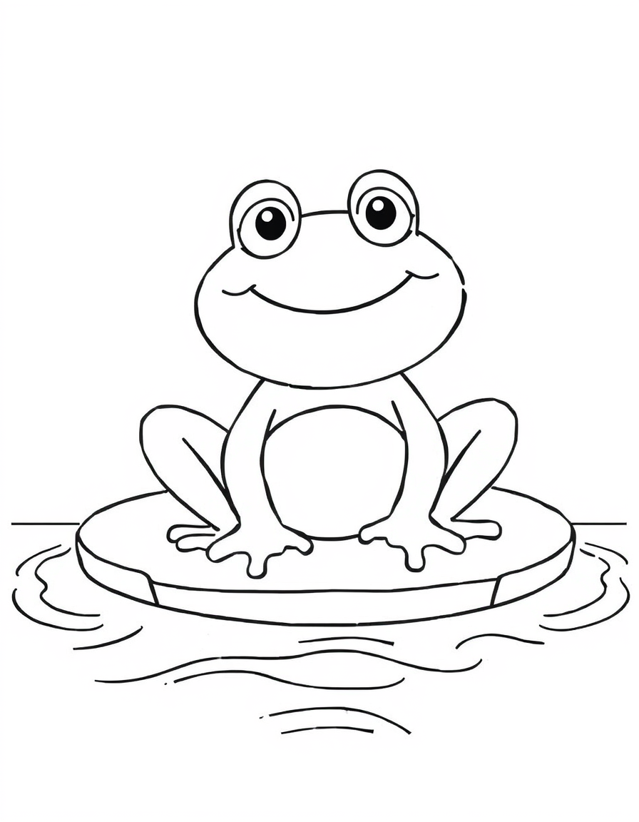 Coloring page of a happy frog sitting on a round lily pad on the water