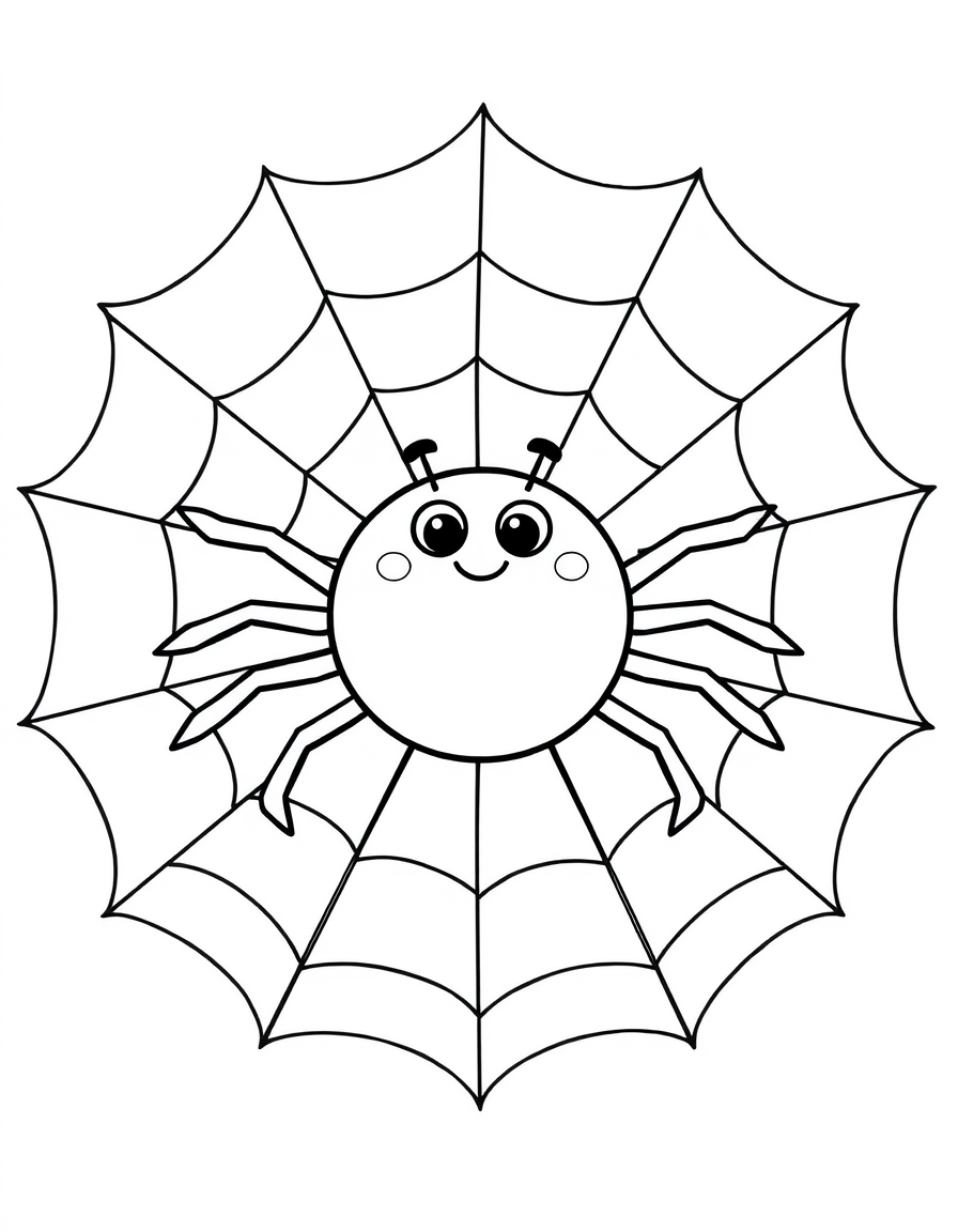 Happy Spider Sitting in the Middle of Its Web black and white line art