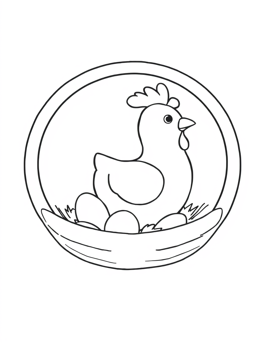 Coloring page of a hen sitting on a round nest with eggs beside it