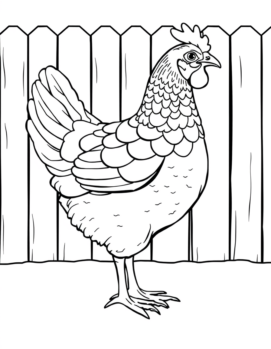 Detailed coloring page of a hen standing in a farmyard with overlapping feathers
