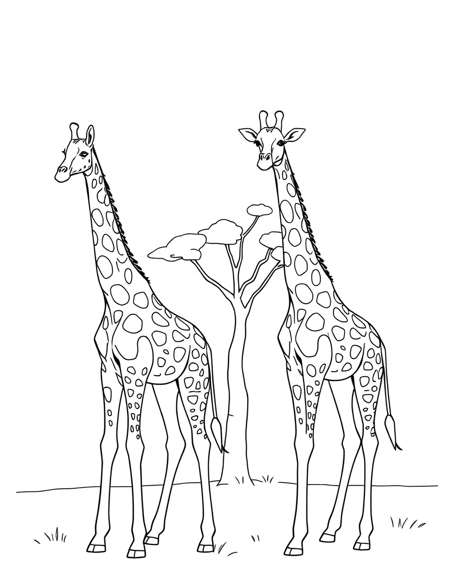 Detailed coloring page of two giraffes standing beside an acacia tree