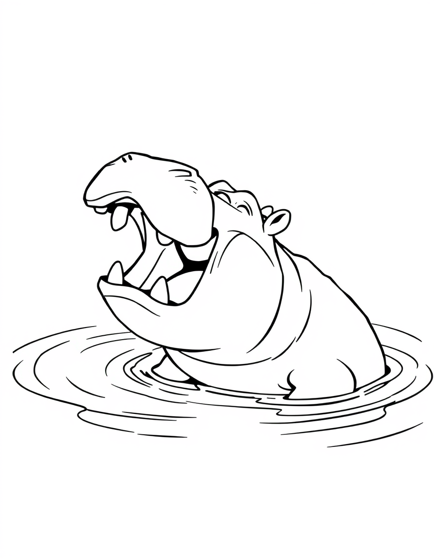 Hippo Yawning in the Water black and white line art
