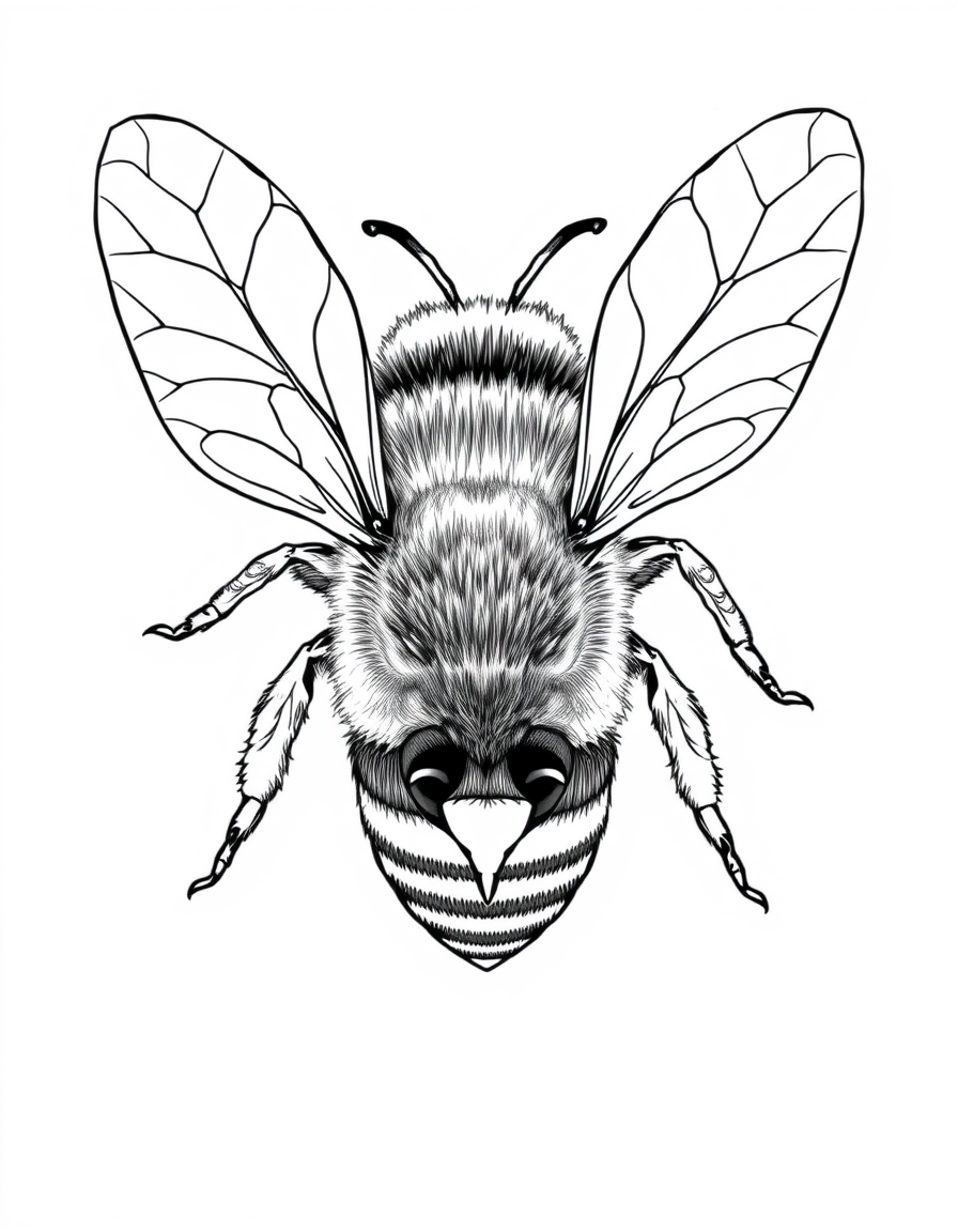 Honey Bee Close Up With Detailed Wing Veins black and white line art