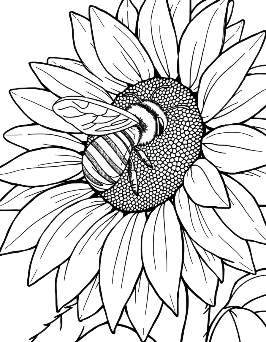 Honey Bee Landing on a Sunflower black and white line art