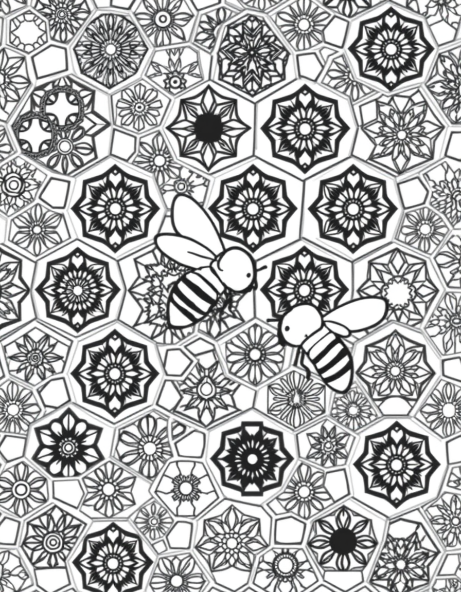 Honeycomb Pattern Filled With Hexagon Designs black and white line art