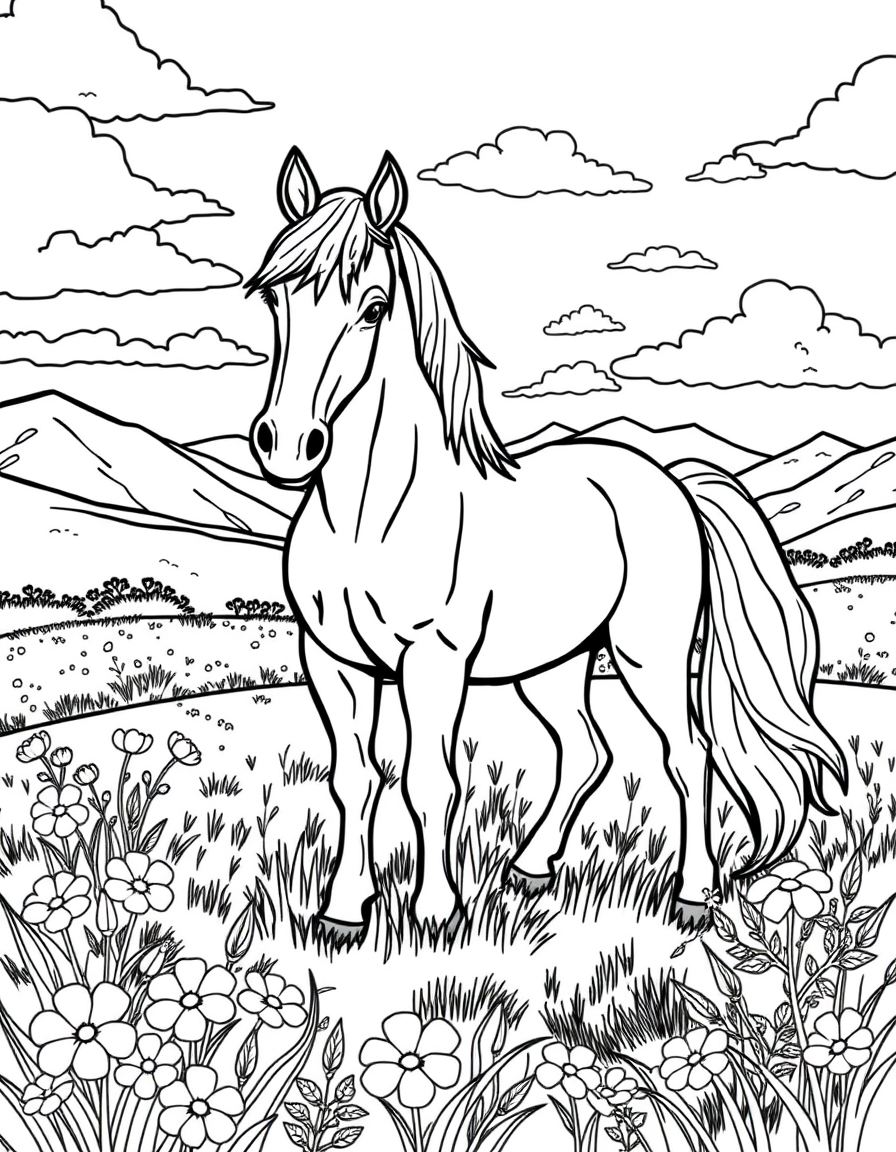 Horse in Field coloring page - free printable