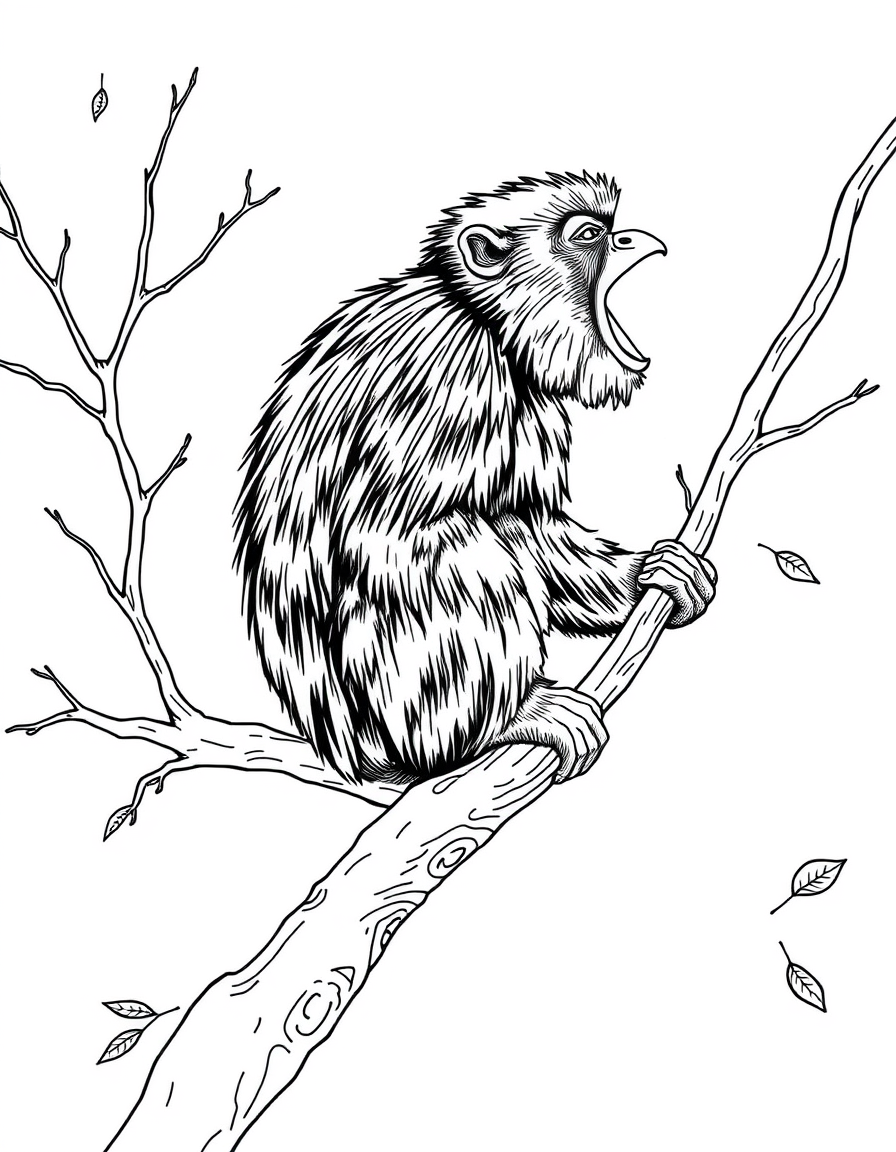 Detailed coloring page of a howler monkey calling from a high branch