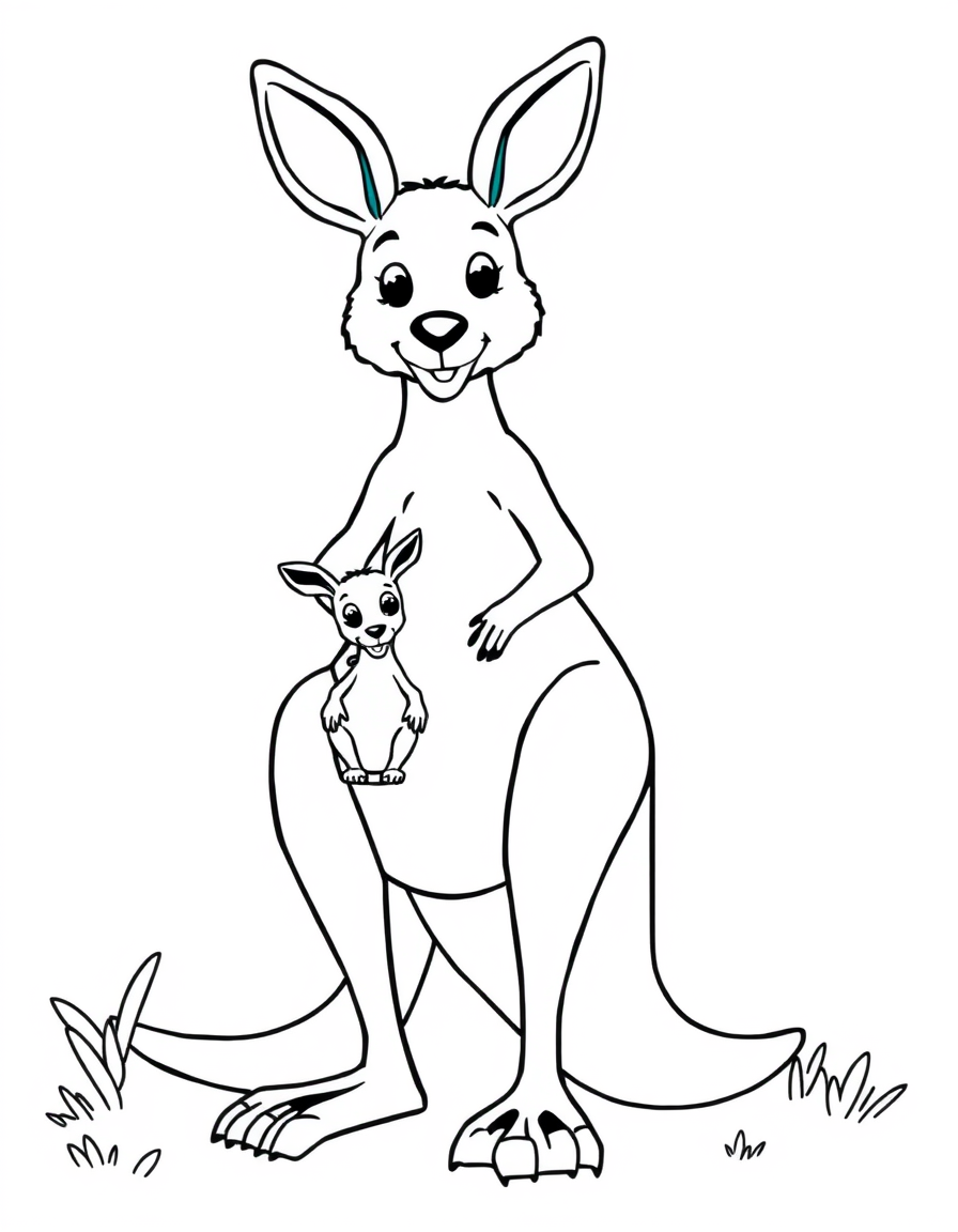 Kangaroo With a Joey in Her Pouch black and white line art