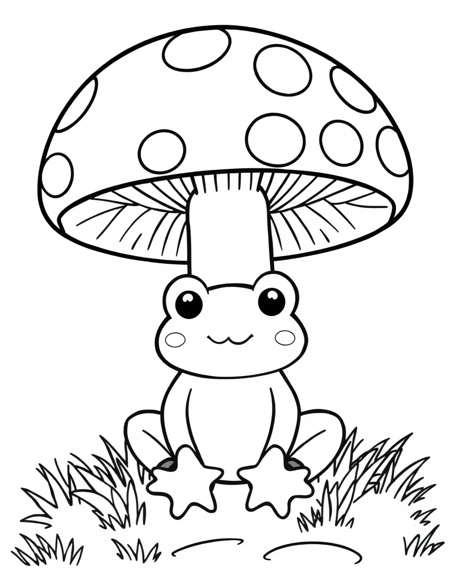 Coloring page of a small round kawaii frog sitting under a large mushroom cap