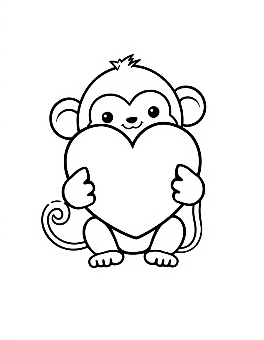Coloring page of a round kawaii monkey holding a large heart shape