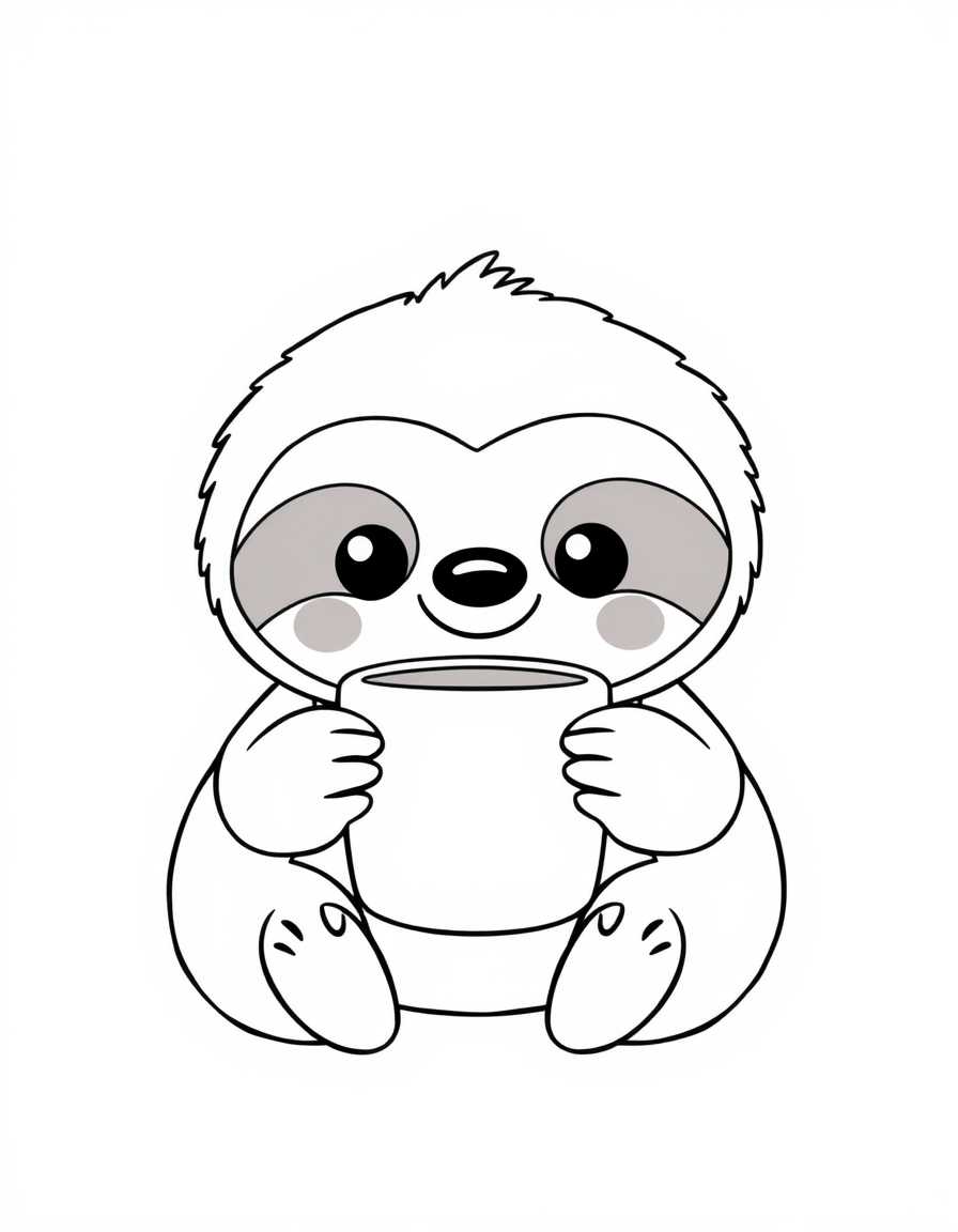 Kawaii Sloth With a Cup of Tea black and white line art