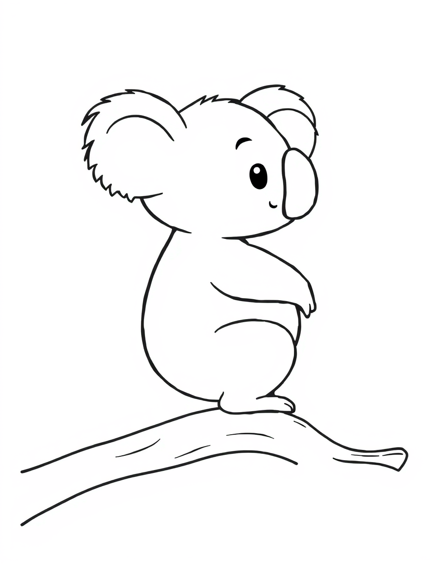 Coloring page of a cartoon koala bear standing on a thick tree branch