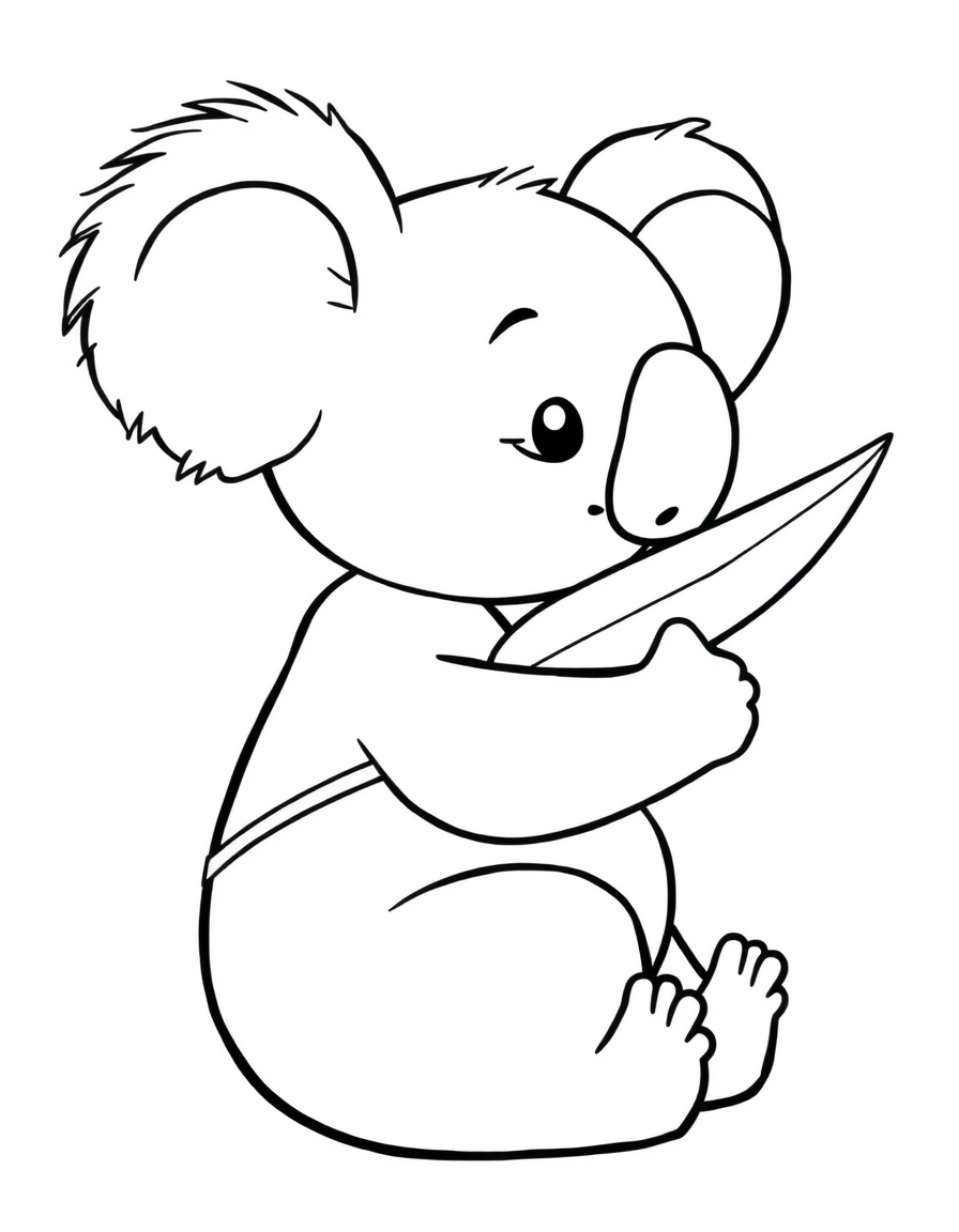 Coloring page of a cartoon koala holding a eucalyptus leaf in one paw and chewing it