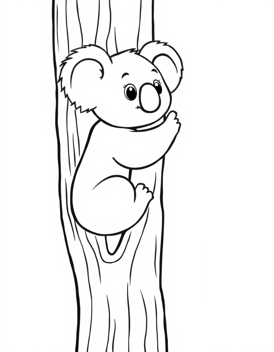 Coloring page of a cartoon koala climbing up a tall tree trunk