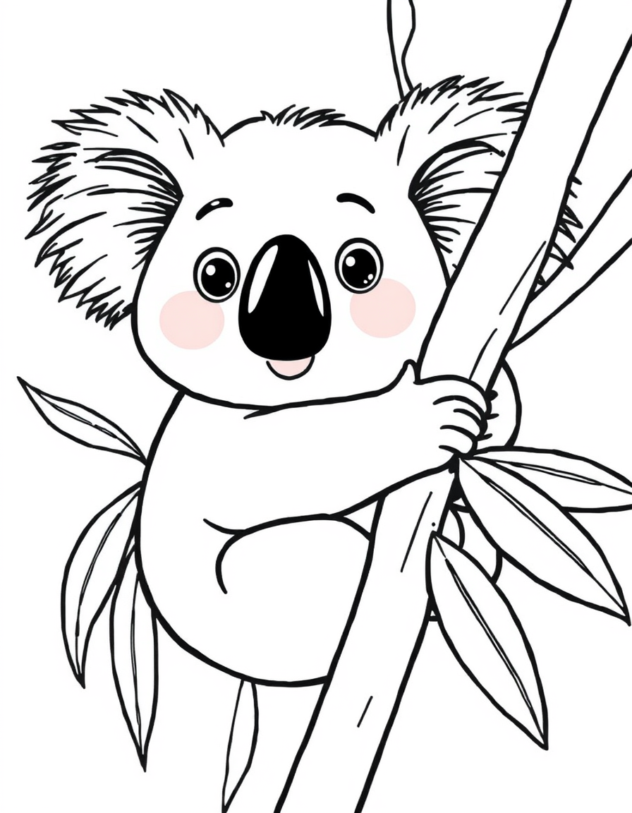 Koala Clinging to a Eucalyptus Branch black and white line art