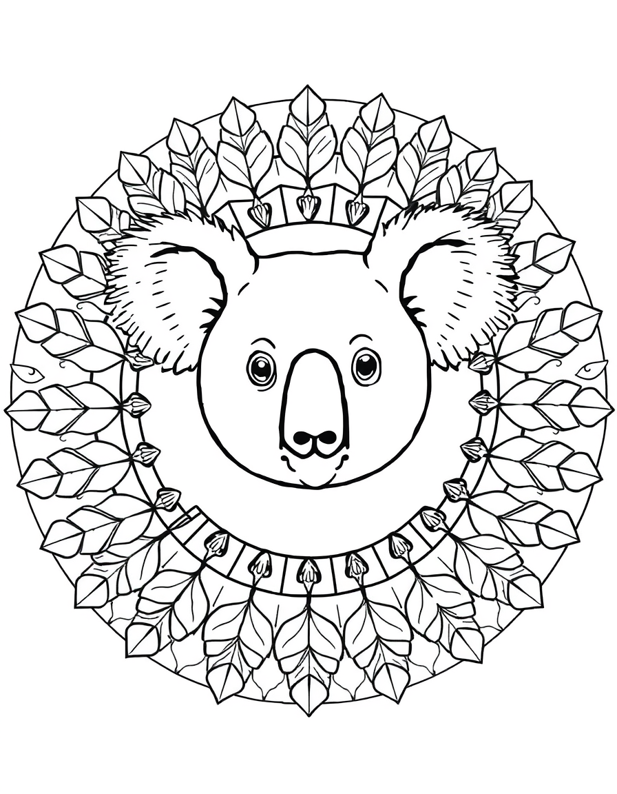 Coloring page of a koala face at the centre of a circular mandala of eucalyptus leaves