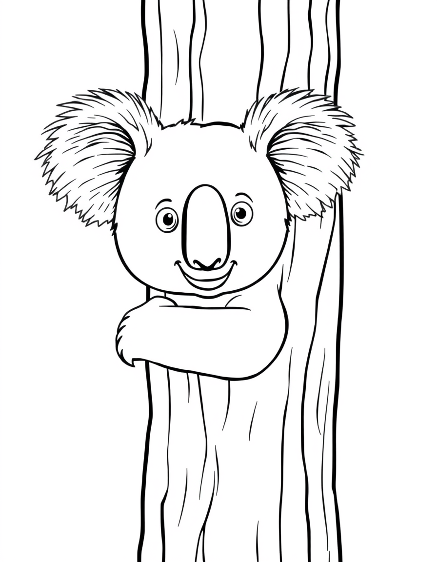Detailed coloring page of a koala leaning out from behind a wide tree trunk