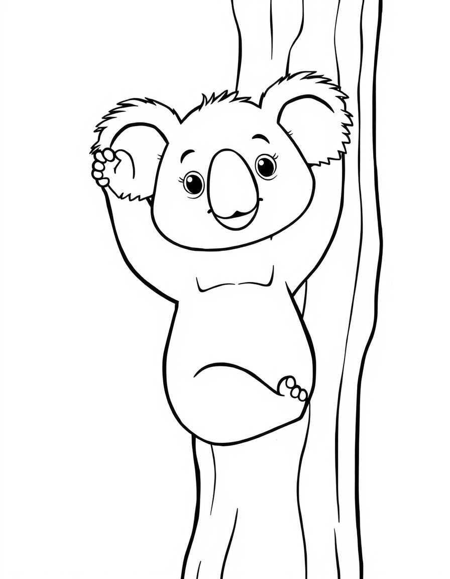 Coloring page of a cute cartoon koala holding a tree trunk with one paw and lifting the other
