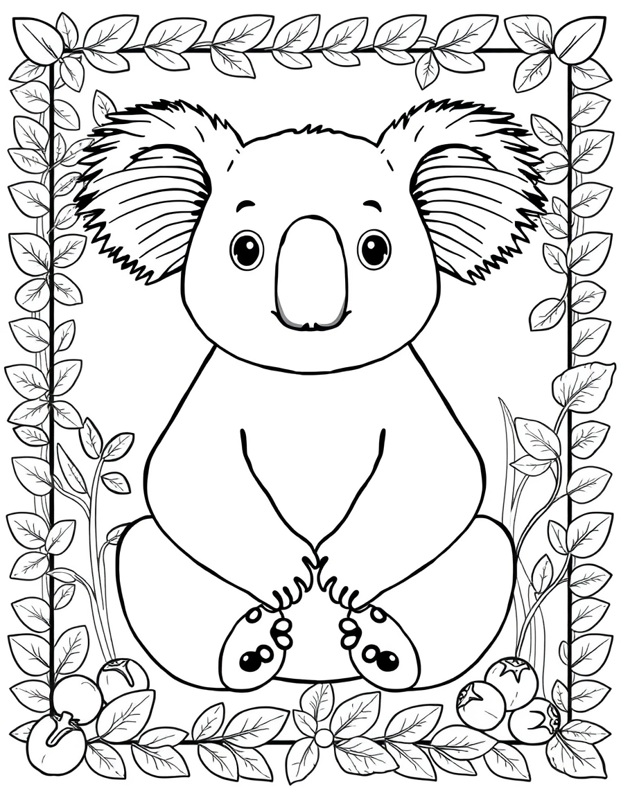 Coloring page of a koala sitting inside a rectangular border of eucalyptus leaves and gum nuts