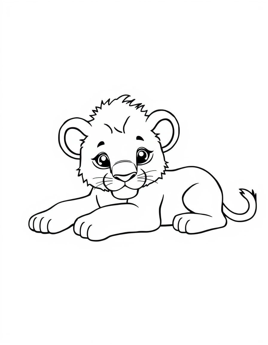 Baby lion cub lying down with a small tail tuft, thick outline coloring page