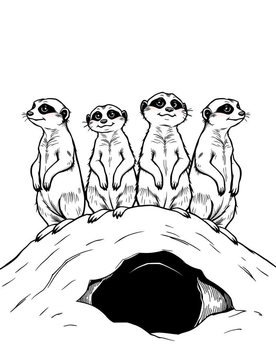 Meerkats Standing Lookout on Their Mound black and white line art
