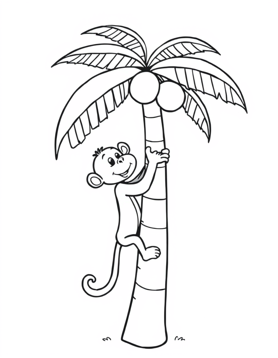 Coloring page of a monkey climbing the trunk of a palm tree with coconuts
