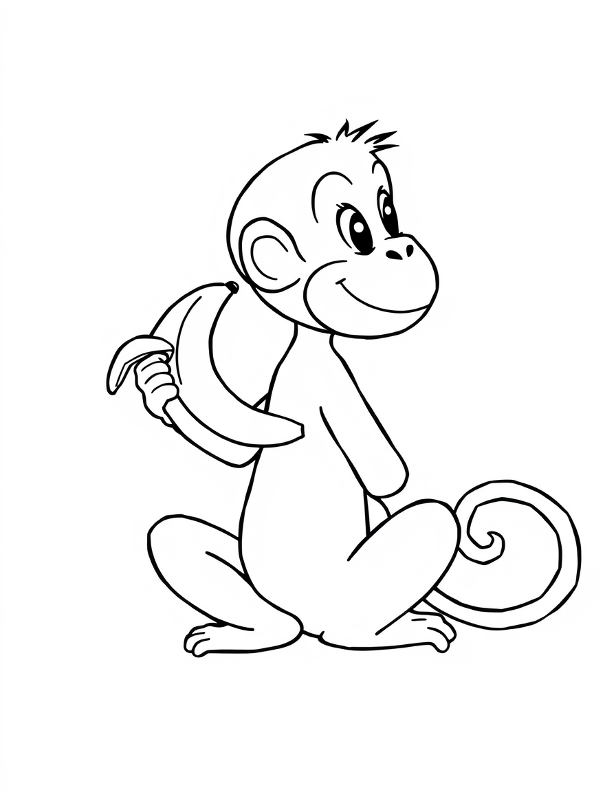 Coloring page of a monkey sitting cross legged and eating a peeled banana