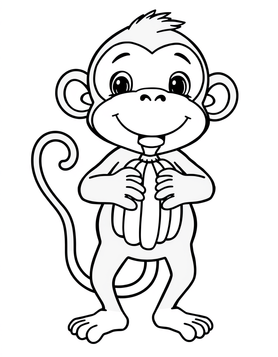 Coloring page of a monkey holding a large bunch of bananas with both hands