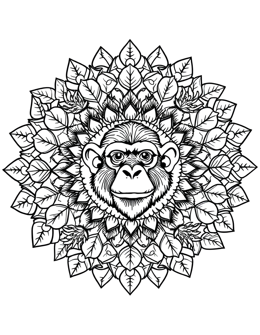 Detailed monkey mandala coloring page with rings of jungle leaves and bananas