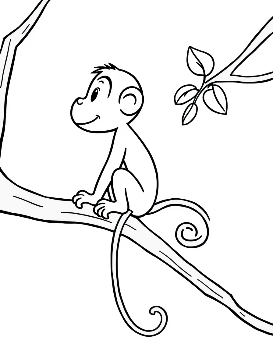 Coloring page of a monkey sitting on a thick tree branch with its tail hanging down