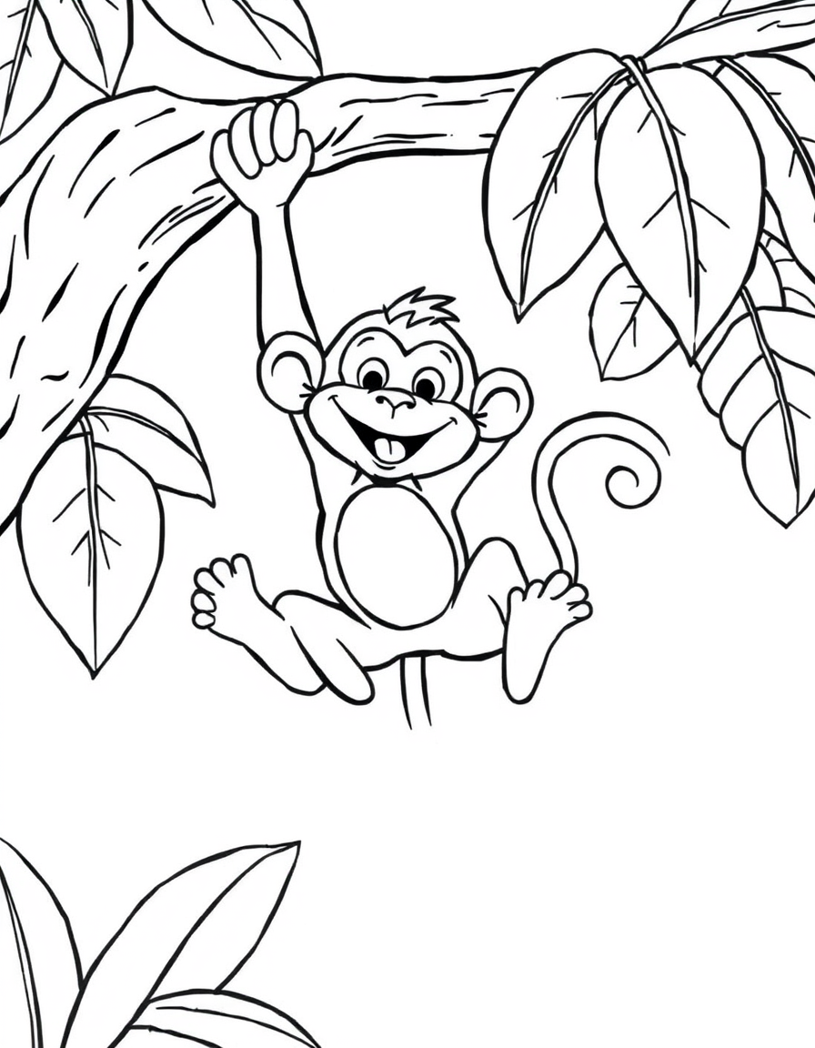 Monkey Swinging From a Jungle Branch black and white line art