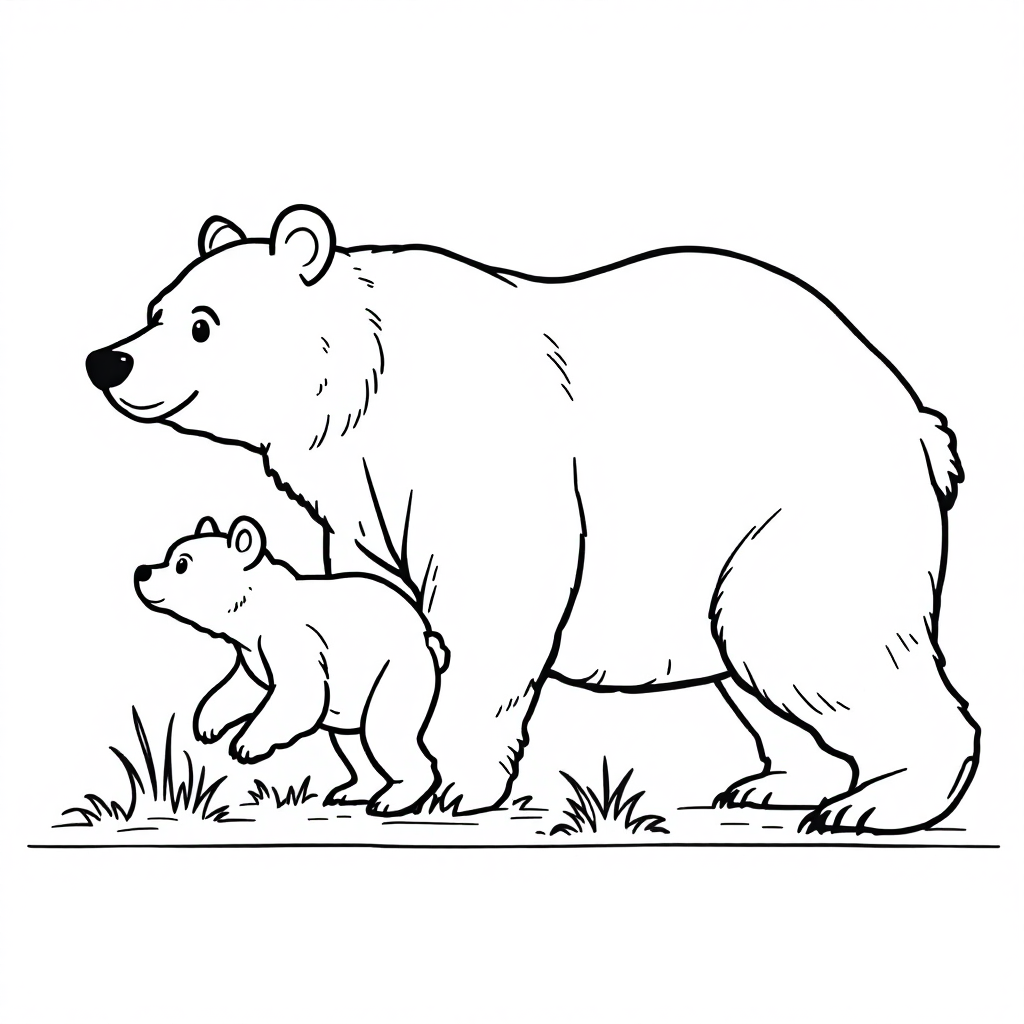 Coloring page of a mother bear walking with her cub following behind