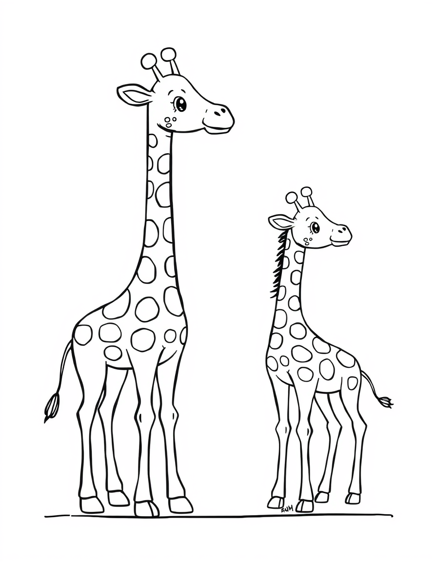 Coloring page of a mother giraffe standing beside her baby giraffe
