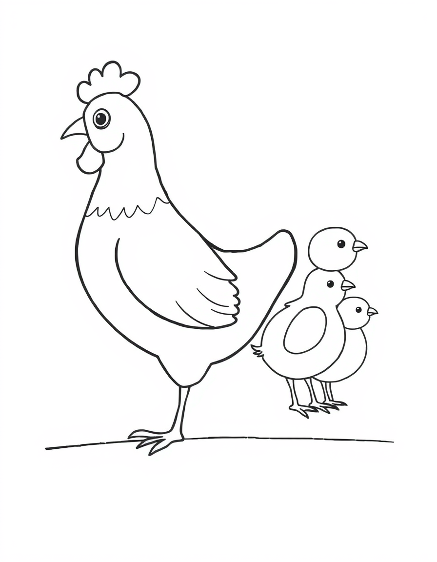 Coloring page of a mother hen standing beside her two baby chicks